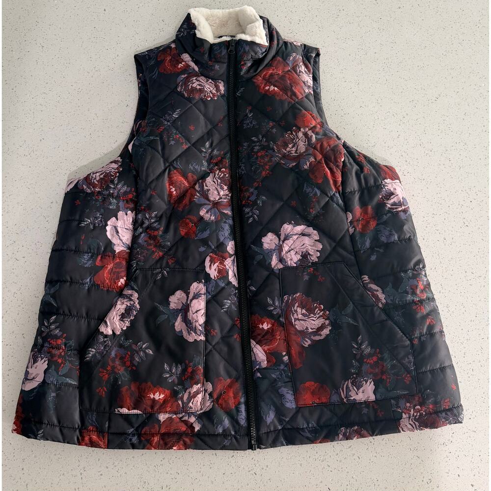 Women’s Maurice’s Size 1/XL Navy Floral Fur Lined Puffer Vest